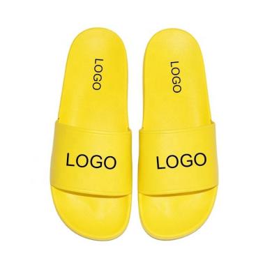 China 2021 Factory Wholesale New Custom Logo Pvc Pu Yellow White Color Anti-slippery Slippers With Embossed Printing Flip Flops For Company for sale