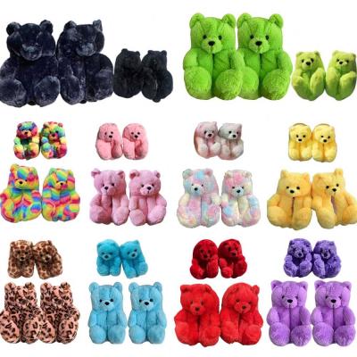 China Drop Shipping 21 Colors Kids Flat Fur Slides One Size Mommy and Me Furry Bedroom Teddy Bear Slippers Fluffy Bear Shoes Plush Slippers for sale