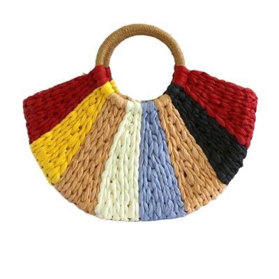 China Rainbow Gift Bags Collection Eco Handmade Rattan Woven Straw Tote Bag with Open Closure for sale