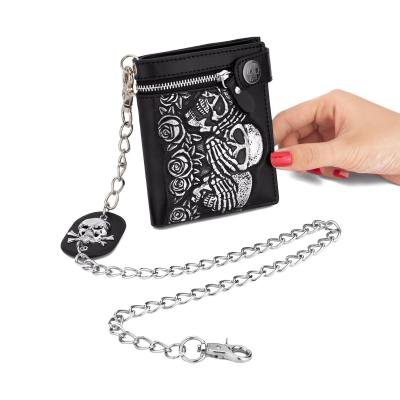 China Fashionable Rose Skull Anti Theft Chain Strip Short and Long Wallet Leather Punk Wallet for sale