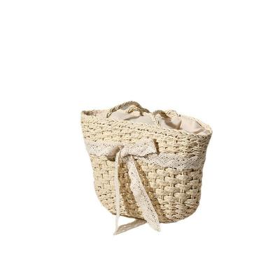 China Open Closure Customized Color Straw Bag Lace Bow Woven Bag for Seaside Vacation Beach Women for sale