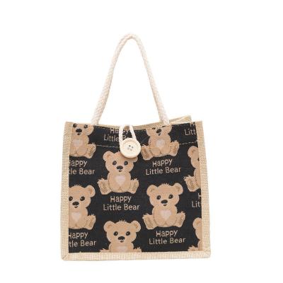 China Customized Lovely Cartoon Bear Printed Plain Cotton Canvas Grocery Shopping Jute Tote Bag for sale