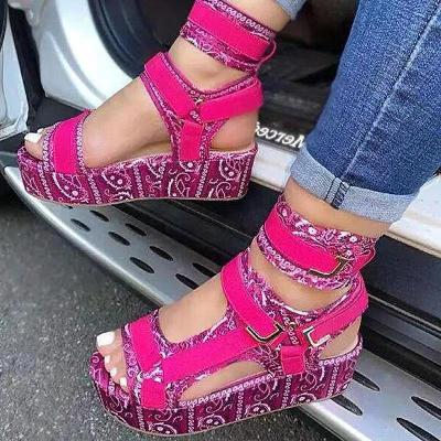 China Fashion Trend Peep Toe Platform Flat Sandals Women Buckle Strap Bandana Wedge Heel Women's Shoes Sandals for sale