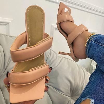 China Fashion Trend Design Square Toe Slip On Women Heels Thin High Heel Double Straps Soft PU Women Leather Sandals for sale