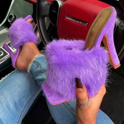 China Fashion Trend Slip On Peep Fluffy Toe Heels Big Size 43 Square Faux Fur Sandals Women Stiletto Heel Slides for sale