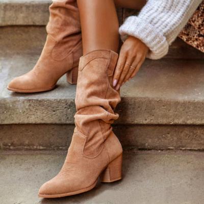 China Brown Color Suede Women's Chunky Heel Slip On Wide Knee High Boots Breathable Knee High Boots Half Over The Knee Boots For Ladies Plus Size for sale