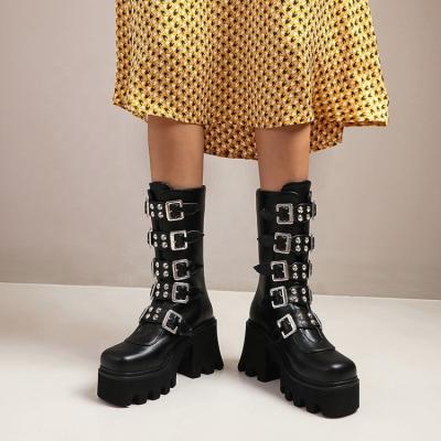 China Fashion Breathable Trend Round Toe High Platform Back Zipper Ankle Boots For Women Thick Metal Single Buckle Rivet Half Knee High Boots for sale