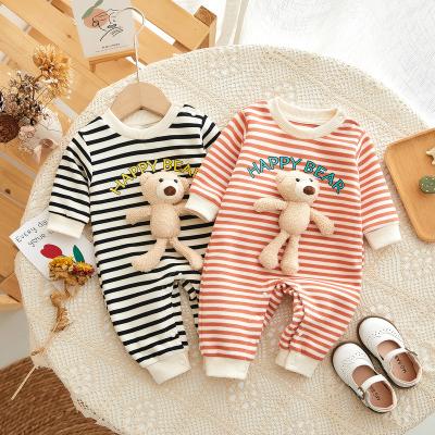 China New Breathable Warm Custom Baby Clothes Long Sleeve 100% Cotton Newborn Baby Onesie Striped Stereoscopic Bear Baby Rompers Completely Unisex for sale