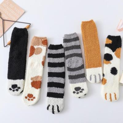 China Cozy Fuzzy Cartoon Cat Claw Socks Women Floor Tube Velvet Sock Viable Winter Cute Fluffy Coral Socks Comfortable Thick Warm for sale