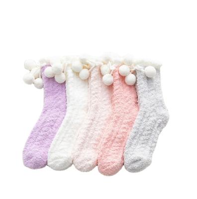 China Winter Viable Warm Home Socks Pompom Cable Fashion Women's Sock Fluffy Custom Thicken Floor Socks Ladies Comfortable OEM for sale