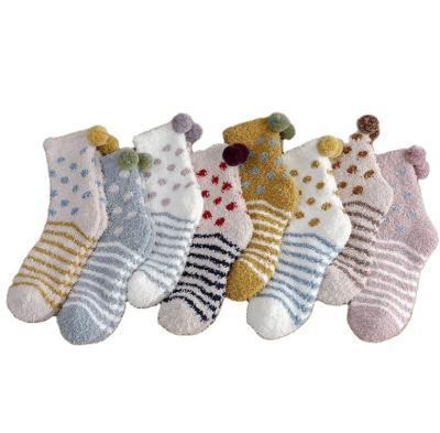 China OEM Women's Sock Stripes Dots Home Warm Viable Pom Pom Fluffy Custom Thicken Floor Socks Winter Cozy Ladies for sale