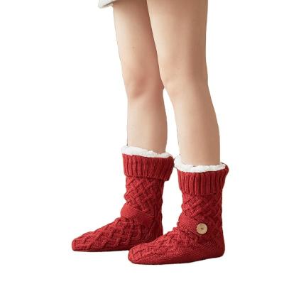 China Double layer button warm gridding sock winter ladies women socks thick custom floor knitted warm sock OEM high quality wholesale for sale