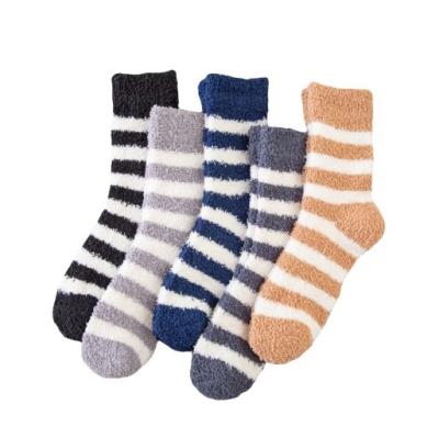 China HOT men's winter stripes thongs thick fuzzy crew sock floor tube coral OEM warm fluffy velvet comfy socks for sale