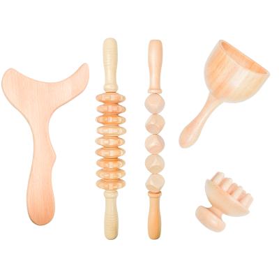 China Wooden Body Roller Tool Therapy Cellulite Massager Tools Wooden Massage Muscle Release Roller Five Piece Sets for sale