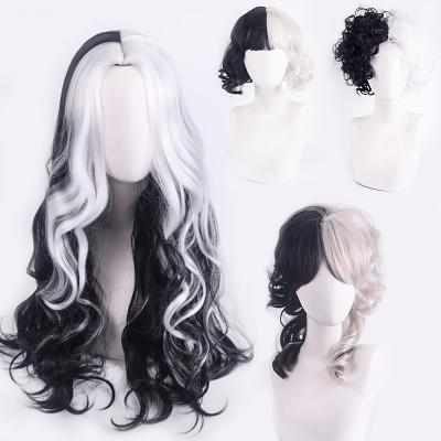 China Cute Black And White Afro Curly Body Wave Wigs Half Wigs Cruella Cosplay Wig Synthetic Hair For Party Halloween Costume Cosplay for sale