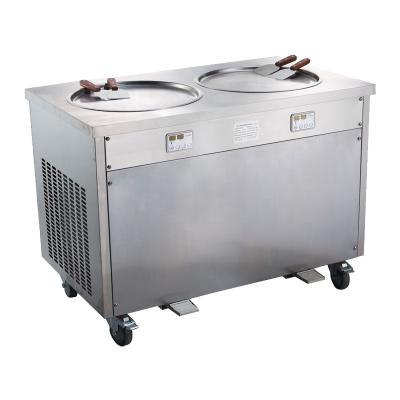 China Double Round Pan Commercial High Quality Produced Mobile Double Pan Durable Frozen Rolls Milk Yogurt Making Fried Ice Cream Roll Machine for sale