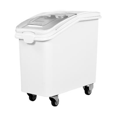 China Hotel 81L/102L Commercial Movable Plastic Kitchen Sustainable Food Storage Ingredient Bin Sugar Rice Cereal Bucket Flour Safe Bins With Wheel for sale