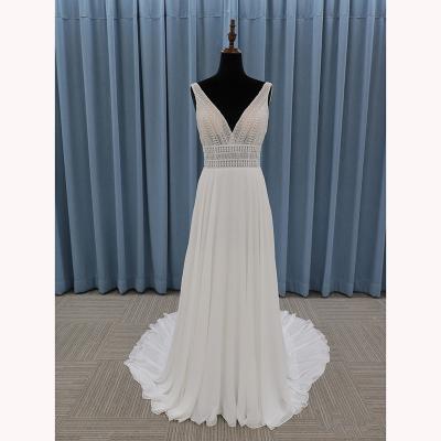 China Latest New Collection V Neck Anti-Static Leave Lace Up Wedding Dresses A-Line Champagne Wedding Dress 2021 for sale