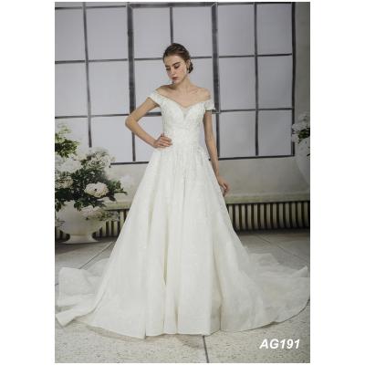 China Anti-Static Luxury Compound Lace With Off The Shoulder Beading Neckline And Pleats Over Skirt Wedding Dress Light Champagne Color for sale