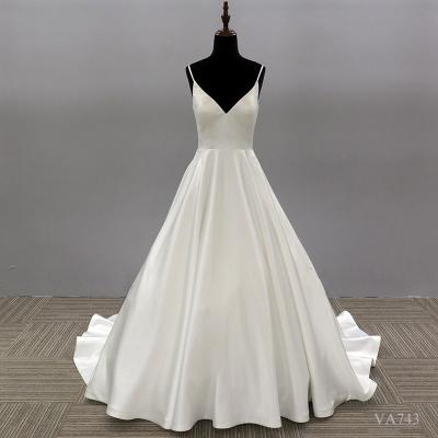 China Anti-Static V-neck White Satin A Line Floor Length Imported Plus Size Wedding Dress 2020 Korea for sale