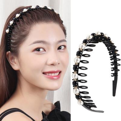 China DS053 Environmental Friendly Women Non Slip Hair Accessories Satin Resin Headband Faux Stone Pearl Hairband Plastic Tooth Comb Pearl Hair Circle for sale