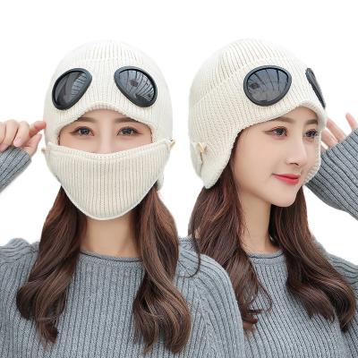 China DDA2098 COMMON Recycling Wool Knitted Hat Thicken Warm Detachable Glasses Ski Knit Hats Winter Earflap Sunglasses Caps for sale