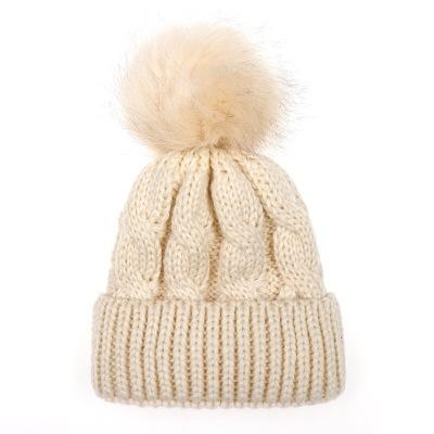 China Cute Dobby E68 Baby Winter Autumn Hat Large Fur Ball Cotton Knitted Beanie Hats Pom Pom Beanie for sale