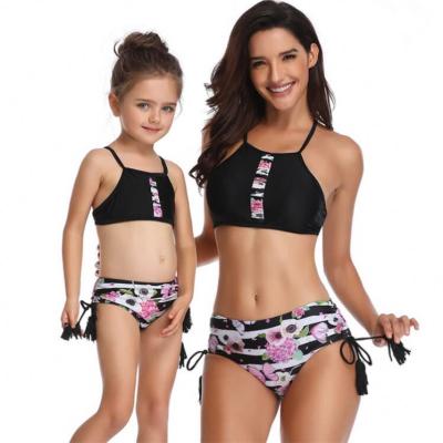 China Beautiful and beautiful Anti-UV black printed bikini Anti-UV mother and daughter swimsuit for sale