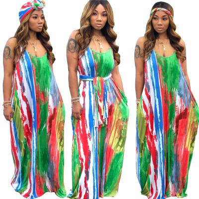 China Newest Design PZF-X9183 Summer Tie Dye Halter Deep V Anti-Static Long Dress Casual Striped Dress (With Headband) 2021 for sale