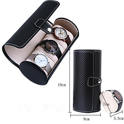 China Wholesale Customized Foreign Trade Carbon Fiber 3 Cylinder Cylinder PU Watch Box Border Spot Customized Bit Leather Storage Box for sale