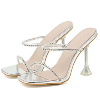 China 2020 Summer Breathable Square Toe Ladies Slippers Transparent Shoes Size Heels Slides For Women And Ladies Rhinestone High Heel Sandals for sale