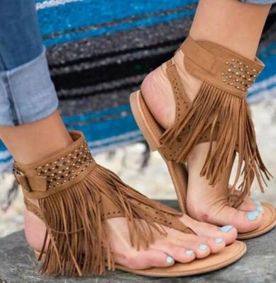 China Fashion Trend Vintage Instock Women High Heel Tassel Roman Style Boho Woman Heeled Open Toe Sandals With Tassel for sale