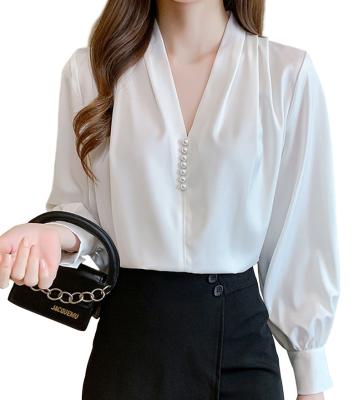 China 2022 New Spring Anti-wrinkle Fashion Satin V-Neckline Long Sleeve Puff Sleeve Elegant Casual Office Pullover Formal Shirt Women's Pearl Blouse for sale