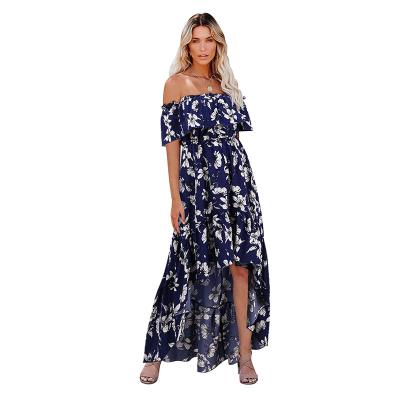 China 2022 New Anti-Wrinkle Spring Casual Short Sheath Beach Party High Waist Off Shoulder Ruffle Flowy Floral Women's Swing Maxi Dress for sale