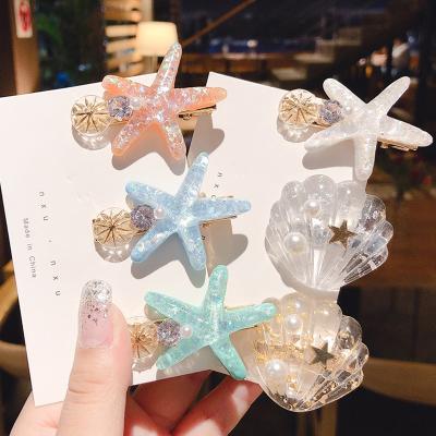 China Fashionable Korean Candy Color OUYE Acetic Acid Flat Hairpin Kids Ocean Shiny Shell Starfish Bangs Clip Alloy Headdress for sale