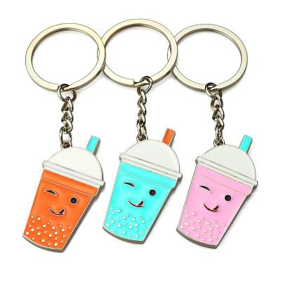 China Novelty Metal Bubble Tea Keychains Tea Cup Tapioca Key Chain Key Holder Drinks Gifts for sale