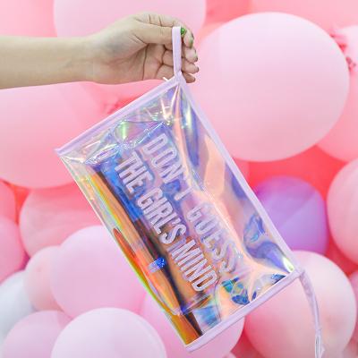 China Recyclable Glossy Cosmetic Plastic Ziplock Pouch PVC Holographic Flat Zipper Bag For Beauty Products for sale