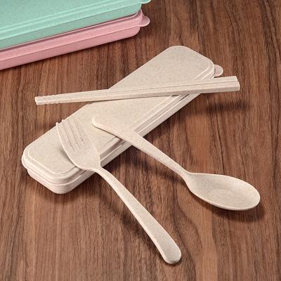 China Viable Wholesale Custom Kids Wheat Straw Fork Chopsticks Spoon Dinnerware Sets From China for sale