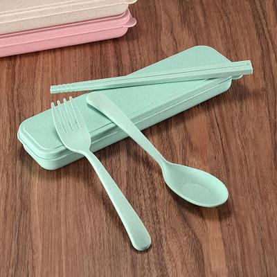 China Good Quality Sustainable Home Use Goods Green Color Wheat Straw Fork Chopsticks Spoon Tableware Dinnerware Sets for sale