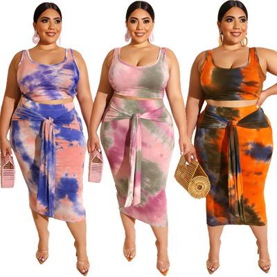 China Viable border summer 2021 new tie dye print plus size women's tight buttocks fashion casual suit two pieces for sale