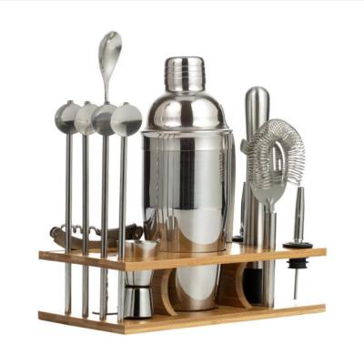 China Cocktail Shaker Set Factory Professional 14 Cocktail Shaker Set Bar Ware Tool Bar Accessories Jigger Set with Bamboo Stand for sale