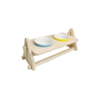 China Sustainable Elevated Bamboo Pet Table With Duo Ceramic Bowls Bamboo Frame Dog Bowl Raised for sale