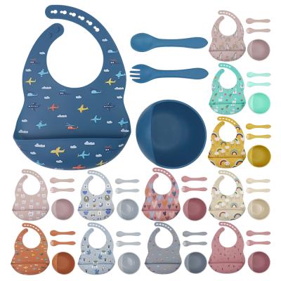 China Silicone Baby Toddler Feeding Set Dish With Spoon And Fork BPA Free Bebe Plato And Babero SET7132SF for sale