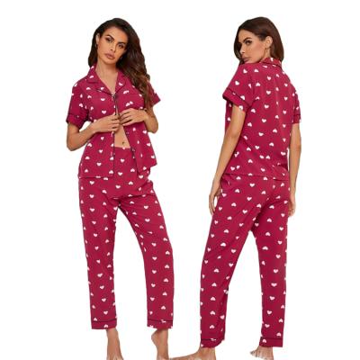 China Cotton QUICK DRY custom made cute pajamas for women all over heart print contrast binding women pajamas for sale