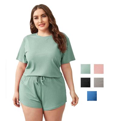 China Casual Custom QUICK DRY Plus Sleepwear Pajamas Rib-knit Tee And Knot Front Shorts Plus Size Loungewear Sets for sale