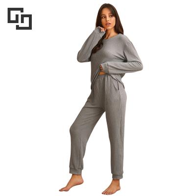 China OEM Wholesale Thermal Solid Waffle Knit Lounge Set Pajamas Women Long Sleeve Pajamas Set For Women for sale