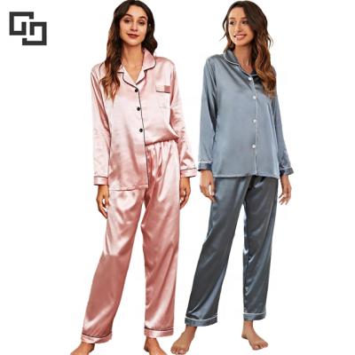 China Summer QUICK DRY Satin Spring Solid Color Silk Sleepwear Ladies Long Sleeve 2 Piece Pajamas Set Women Pajamas for sale