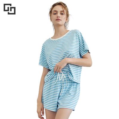 China Summer Breathable Sleepwear Striped Short Sleeve Cotton Short 2 Piece Women Pajamas Set for sale