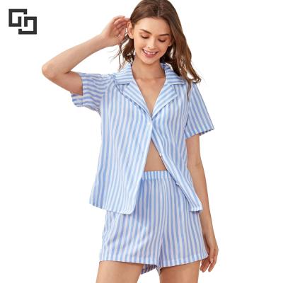 China Designer Cotton Sleepwear Set 2-Piece Loungewear QUICK DRY Button Down PJ Stripe Set Short Women Pajamas for sale