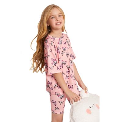 China QUICK DRY PJ Shorts Summer Girls Sleepwear Drop Shoulder Butterfly Print Tee And Biker Shorts Set OEM Kids Pajamas for sale